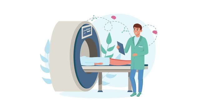 Animated doctor reviewing brain scan beside MRI machine with patient