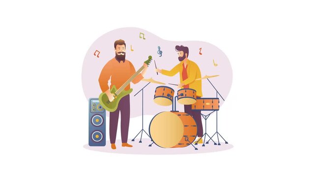 Two male musicians playing guitar and drums in lively band rehearsal