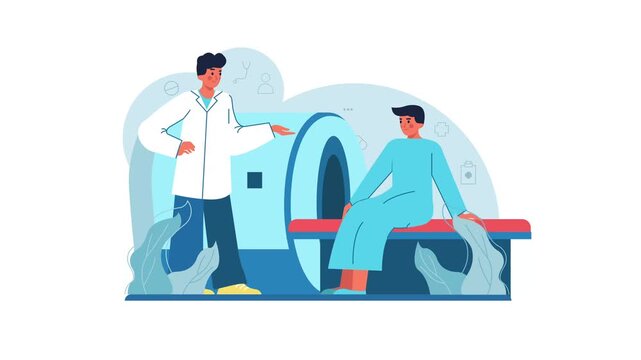 Animated doctor explaining MRI scan to patient in modern clinic