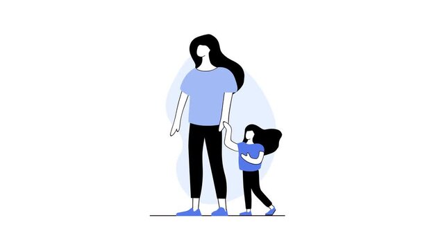 Mother and daughter holding hands in minimal flat animation illustration