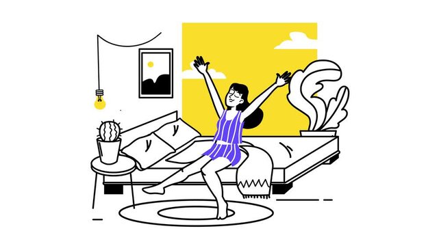 Animated woman stretching on bed in cozy minimalist bedroom illustration