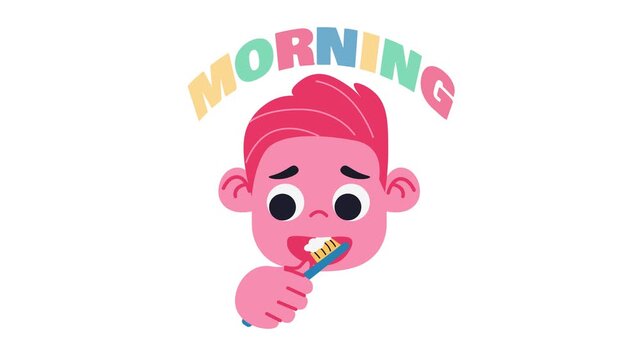 Cute morning animation of boy brushing teeth with heart on white background