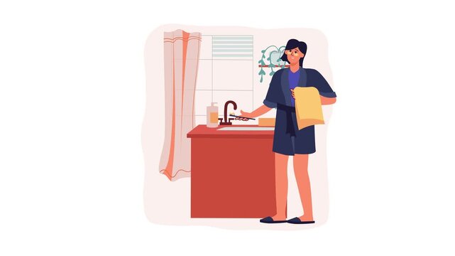 Woman washing dishes at kitchen sink in home interior animation