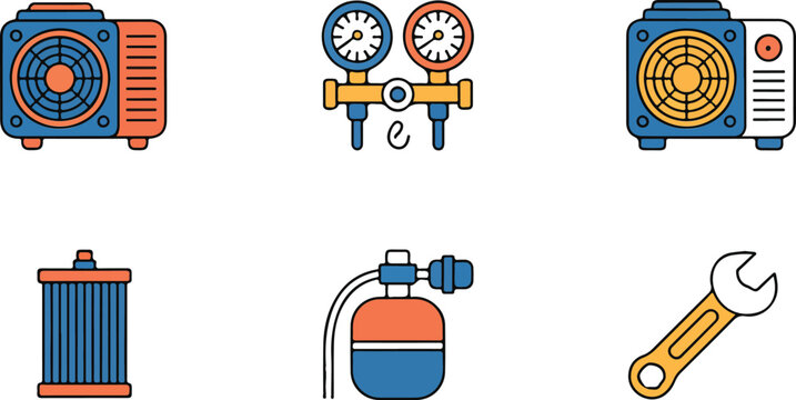 HVAC air conditioning repair icons set featuring outdoor unit manifold gauge compressor filter and wrench for maintenance service