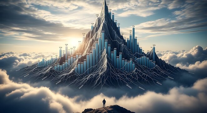 A solitary figure stands before a towering mountain integrated with glowing data bar charts