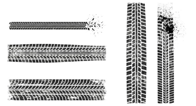 Tire Tracks Set, Black Tire Marks, Car Wheel Traces on White, Grunge Design