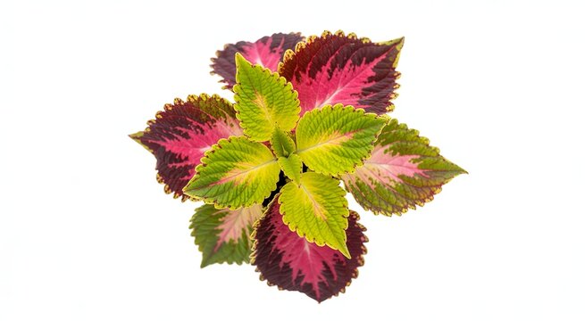 Vibrant coleus plant with green pink and burgundy leaves against a white background green leaves pink leaves