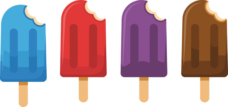 Set of colorful frozen fruit popsicles on wooden sticks with bite marks vector illustration for summer dessert.