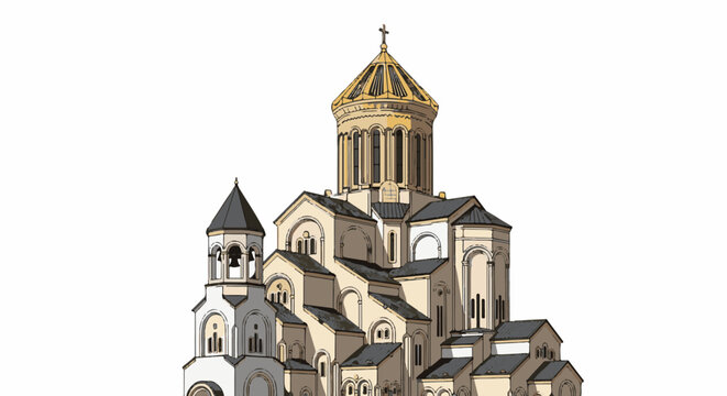 A detailed illustration of a grand, multi-domed religious structure with a bell tower