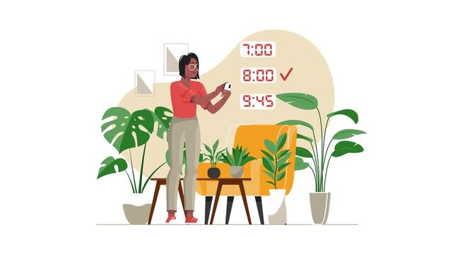 Woman checking smartphone schedule in plant-filled home interior animation