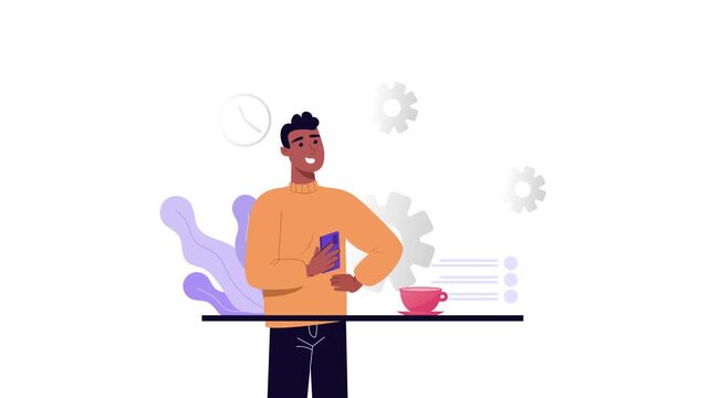 Flat animation of man holding smartphone with search, mail and chat icons