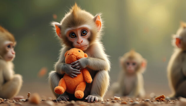 Young macaque monkey hug orange plush toy. Other monkeys ignore him. Concept of loneliness social rejection and emotional attachment. Animal behavior and psychology.
