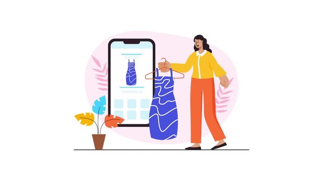 Woman shopping dress online on smartphone in flat vector animated illustration