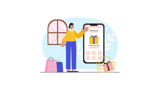 Animated woman shopping online on smartphone with gift and bags
