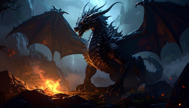 Dark dragon standing on fire mountain.