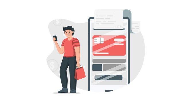 Animated young man using mobile wallet with shopping bag and payment app