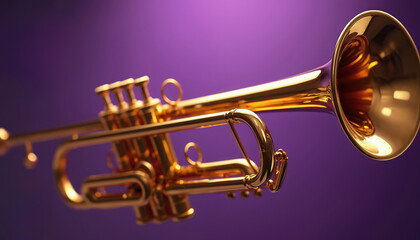 Obraz premium Golden trumpet lies on vibrant purple background. Shiny brass musical instrument creates elegant classic jazz vibe for audio and performance art. Perfect for music industry design.