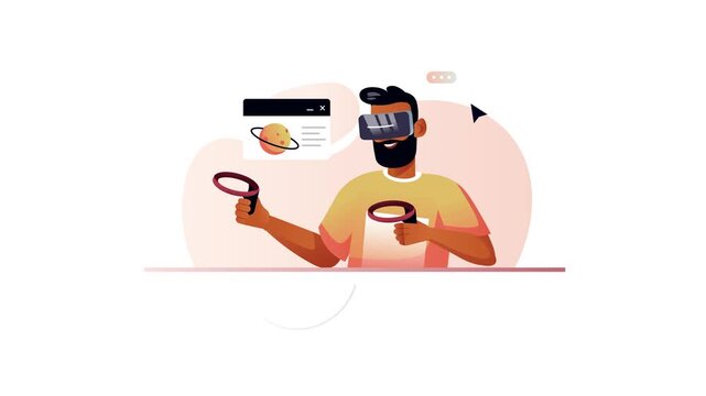 Animated man using VR headset and controllers in digital metaverse scene