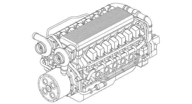 Diesel Engine Isometric View - Engineering Blueprint, Industrial Power, Mechanical Component
