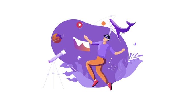 Virtual reality explorer running through cosmic scene with whale
