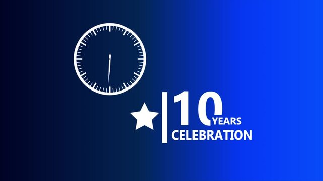 10 years celebration blue gradient badge with clock icon and star symbol highlighting corporate milestone achievement concept clean modern professional design 4k animation video