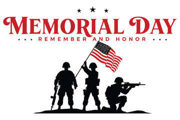 Obraz premium Memorial day remember and honor three soldier silhouettes with american flag background.