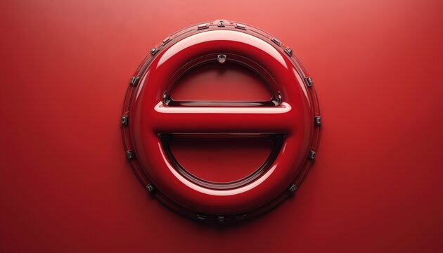 Glossy red chrome circular emblem with metallic accents and abstract geometric design. Symbol resembles no entry sign on plain red backdrop. Modern concept art.
