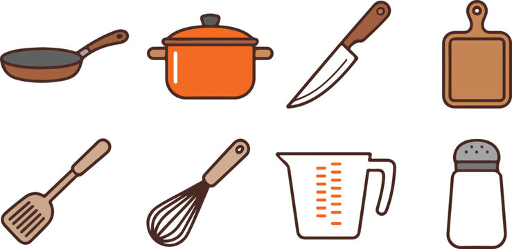 Kitchen tools and cooking equipment vector icons set featuring frying pan pot knife wooden board whisk and measuring cup
