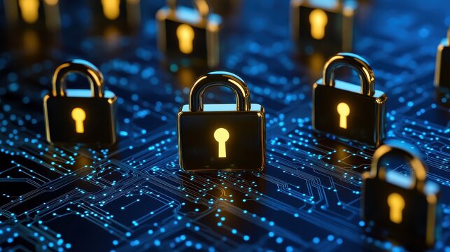 Digital Padlocks Secured on Glowing Blue Circuit Board Background Representing Cybersecurity and Data Protection