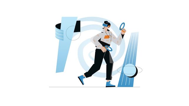 Futuristic man in VR headset exploring digital data, vector illustration
