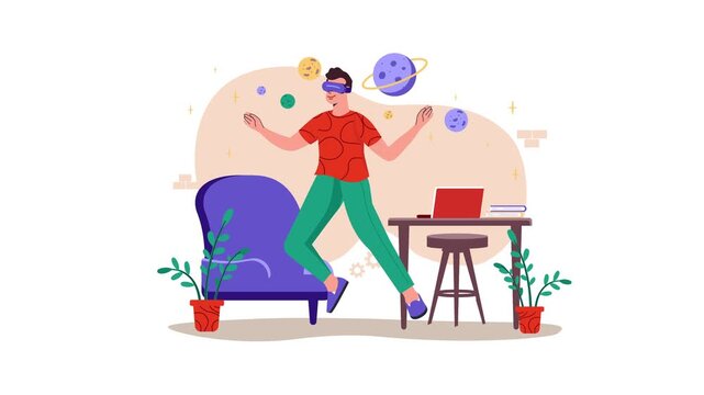 Man using VR headset in home office with floating planets, animated vector