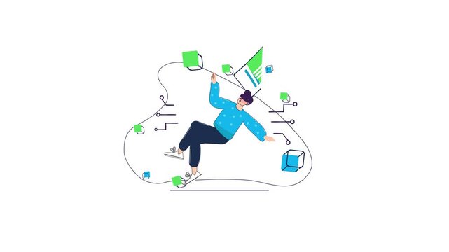 Animated man tumbling through abstract geometric cubes on white background
