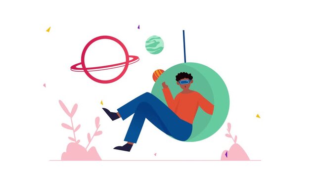 Animated child astronaut floating with planet swing in playful space scene