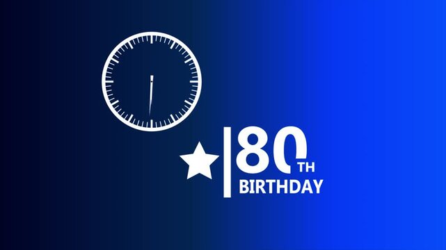 80 birthday blue gradient badge with clock icon and star symbol highlighting festive celebration milestone concept clean modern digital party branding style 4k visuals