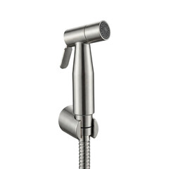 Wall-mounted brushed metallic bidet sprayer, an essential modern bathroom accessory for advanced personal hygiene, offering a comfortable and effective cleansing experience © Moolecule Studio