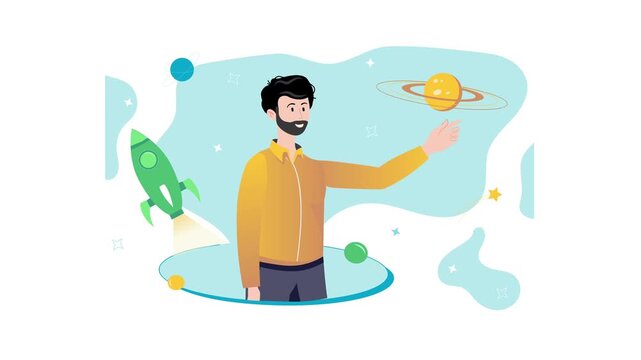 Animated smiling man pointing at rocket and planet in space scene