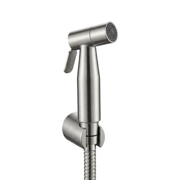 Wall-mounted brushed metallic bidet sprayer, an essential modern bathroom accessory for advanced personal hygiene, offering a comfortable and effective cleansing experience