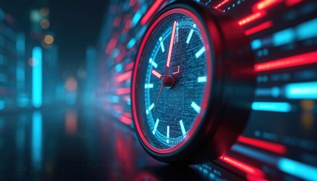 Close-up of digital clock with glowing red and blue neon lights. Abstract futuristic background with data streams, speed and technology theme. Modern concept.