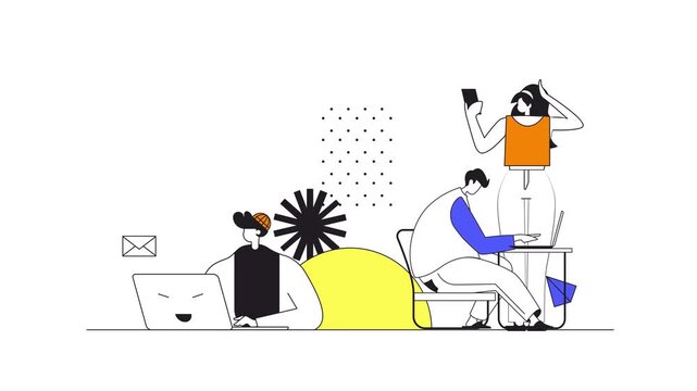 Animated remote team messaging and working on laptops in modern workspace