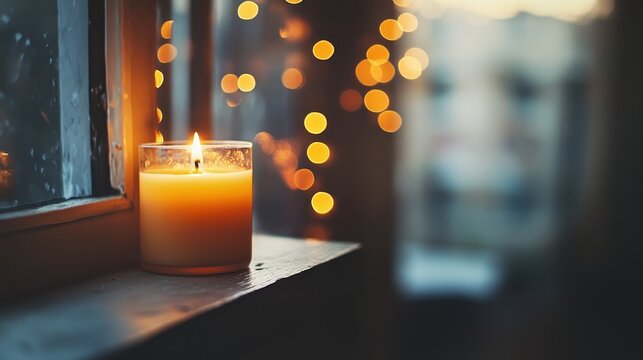 Candle with a soft glow on a windowsill creating a cozy atmosphere with warm Christmas lights