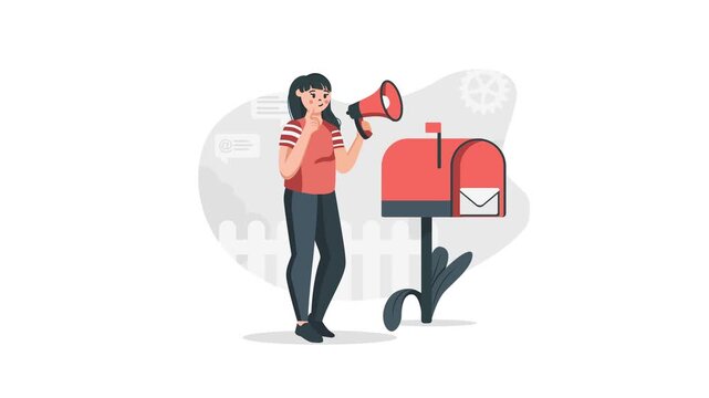 Animated woman with megaphone beside mailbox for email marketing campaign