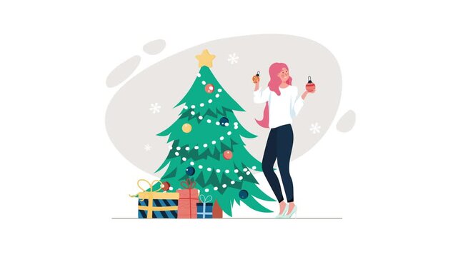 Animated woman decorating Christmas tree with ornaments and gifts