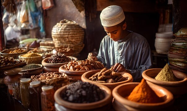 Young merchant arranging aromatic spices in traditional clay bowls at a bustling local market stall with warm golden lighting and rich textural details of exotic ingredients
