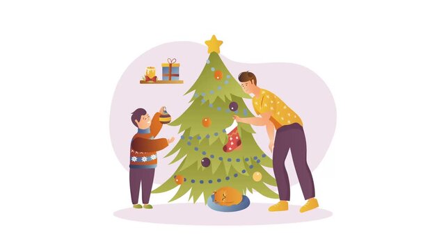 Father and son decorating Christmas tree with ornaments and stocking