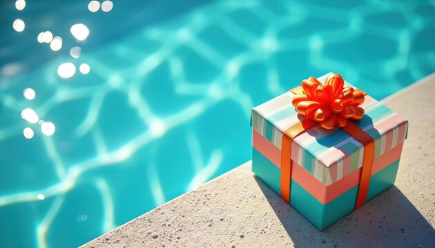 Colorful gift box with orange ribbon sits on pool edge. Sparkling blue water reflects sunlight. Perfect for summer party celebration or special occasion surprise. Joyful, bright, festive.