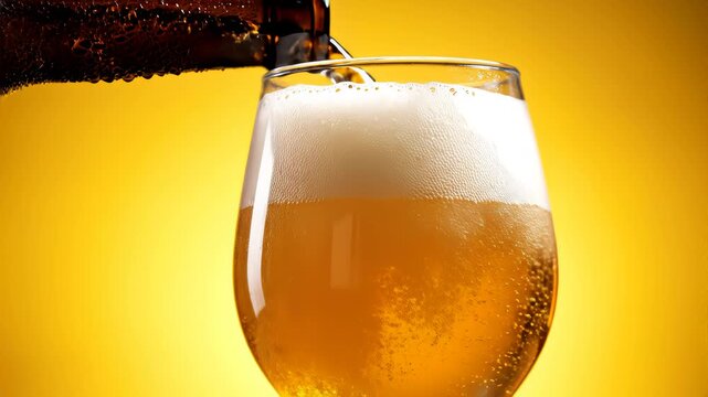 Cold craft light beer pouring in glass from bottle, slow motion close up. Stream wheat malt beverage flowing in clear goblet making dense bubbling foam. Froth heady drink foaming on yellow background