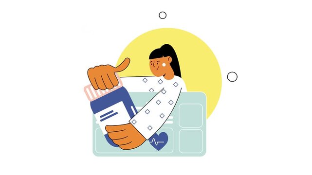 Animated woman holding pill bottle with health icons and capsules