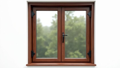 Fototapeta premium Brown wooden window with black handle and hinges. View of green trees and white wall. Modern house window frame with glass panes. Natural outdoor scene visible through closed window.