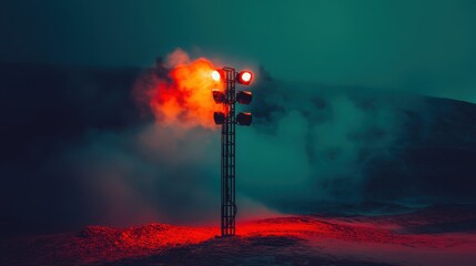 Fototapeta premium Dramatic Red Traffic Signal Amidst Fiery Smoke and Moody Atmosphere, Representing Air Quality Concerns