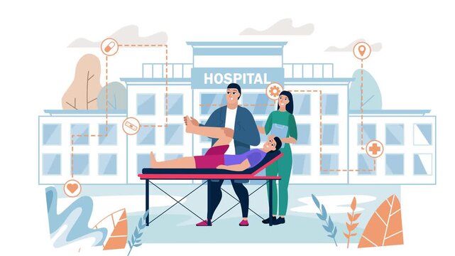 Animated hospital emergency team caring for patient on stretcher